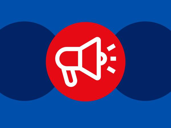 Red megaphone icon on a blue background with two dark blue circles.