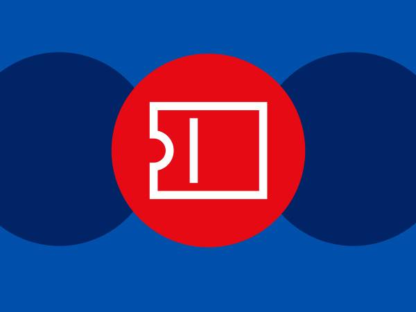 A white ticket icon on a red circle, centered on a blue background with two dark blue circles.