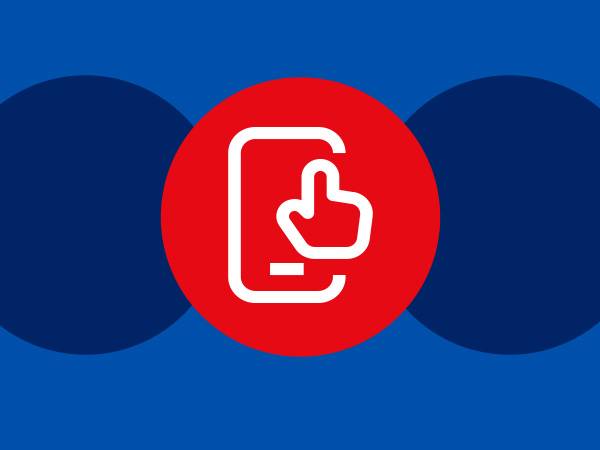 Red circle with a white outline of a smartphone and a hand tapping its screen, on a blue background.
