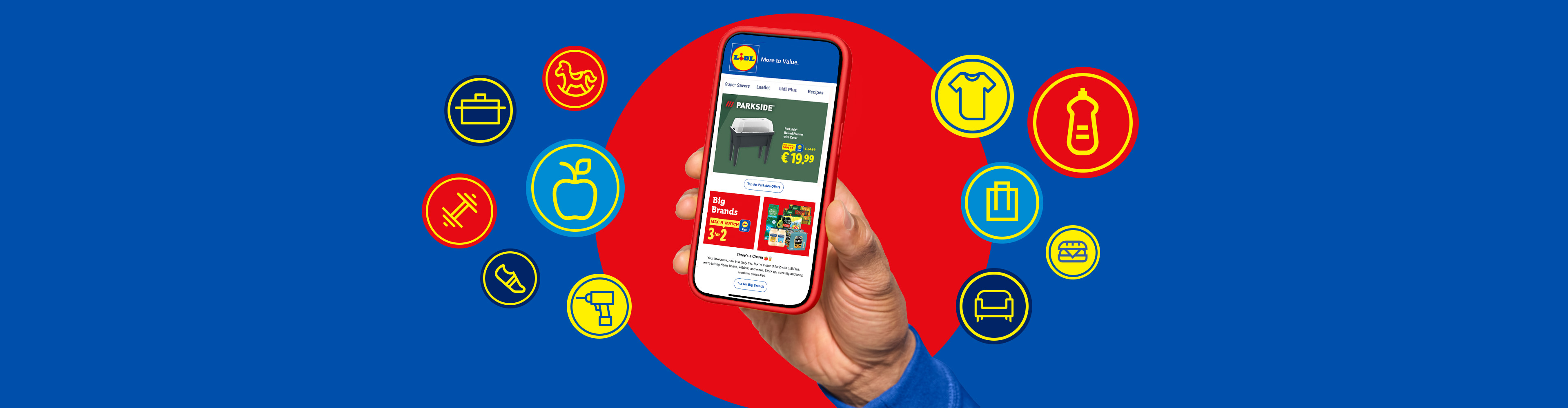 Hand holding a smartphone displaying a barbecue grill and other products, surrounded by icons.