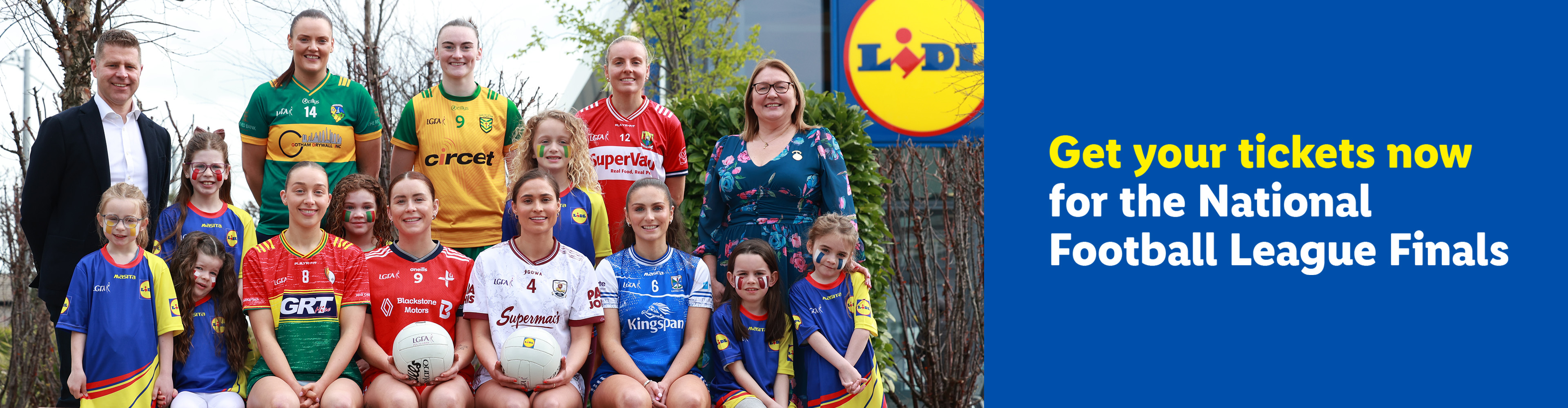 People in sports jerseys and children with face paint, promoting football league finals.