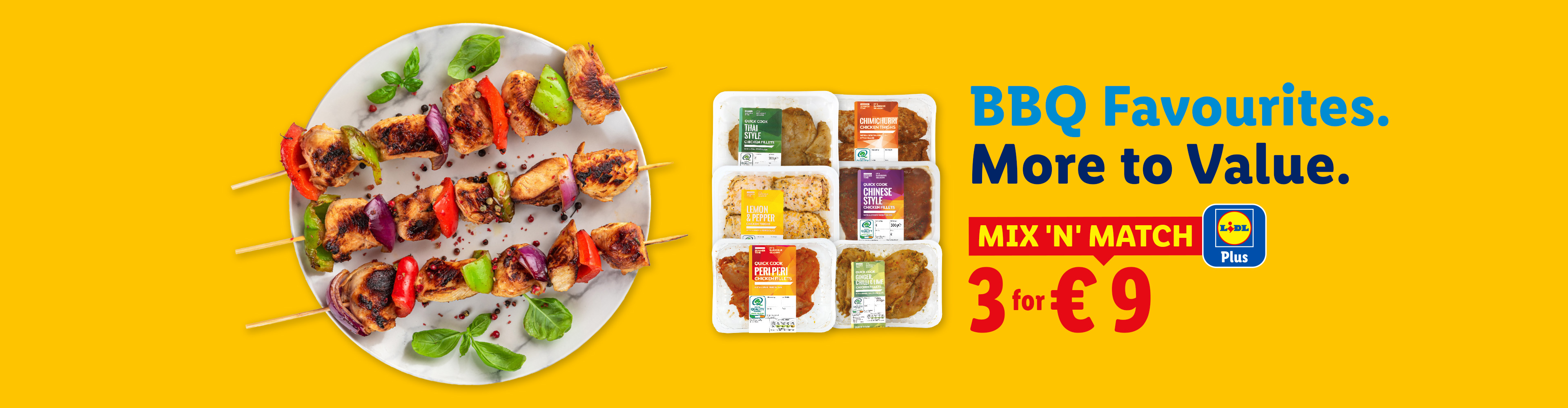 BBQ chicken skewers and packaged marinated chicken fillets, with a 'Mix 'N' Match 3 for €9' offer.