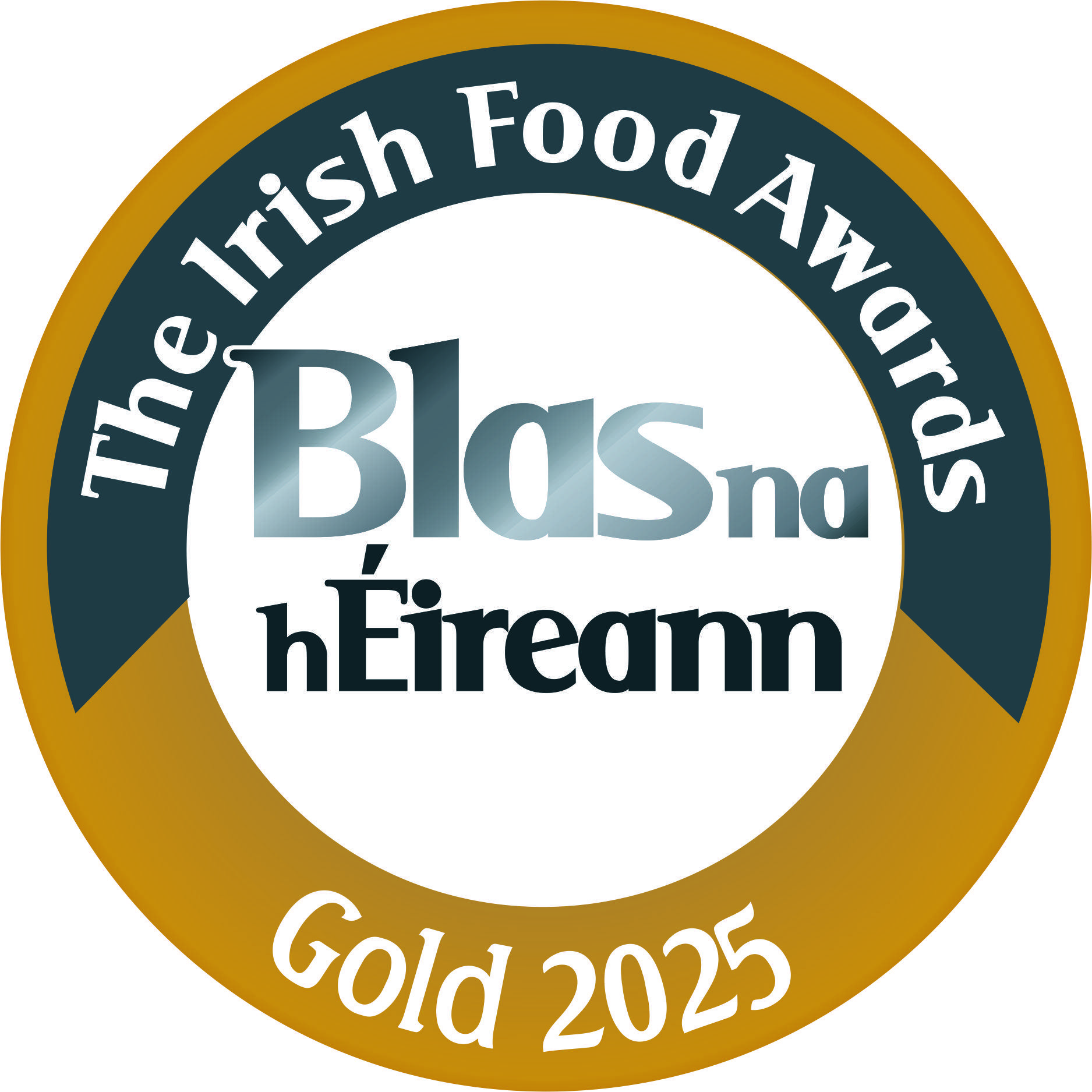 The Irish Food Awards Blas na hÉireann Gold 2025 logo, a circular gold and dark teal emblem.