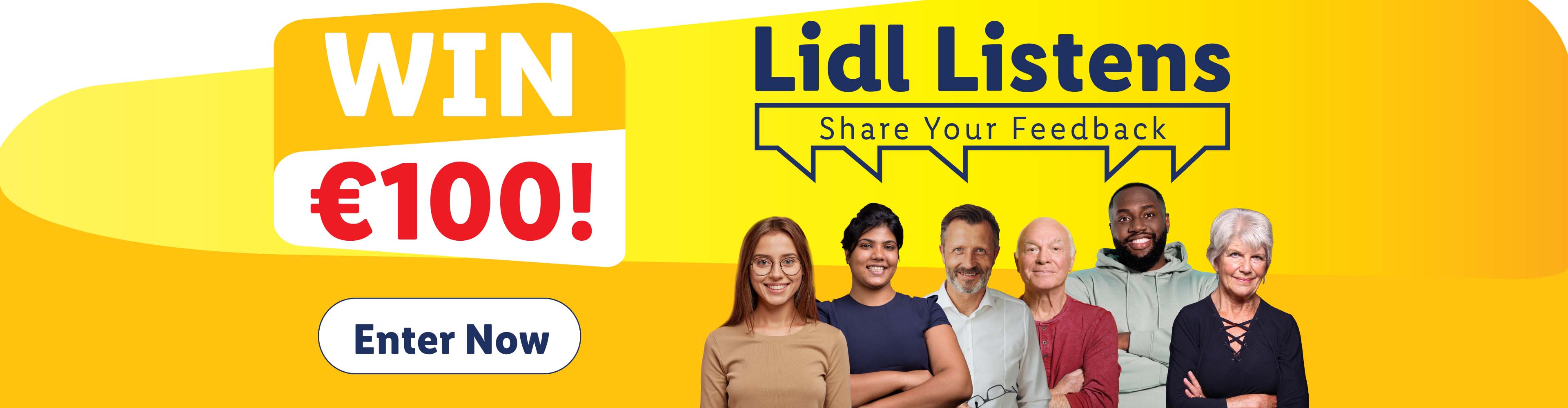 Lidl Listeners can win €100 by sharing feedback, featuring diverse smiling people.