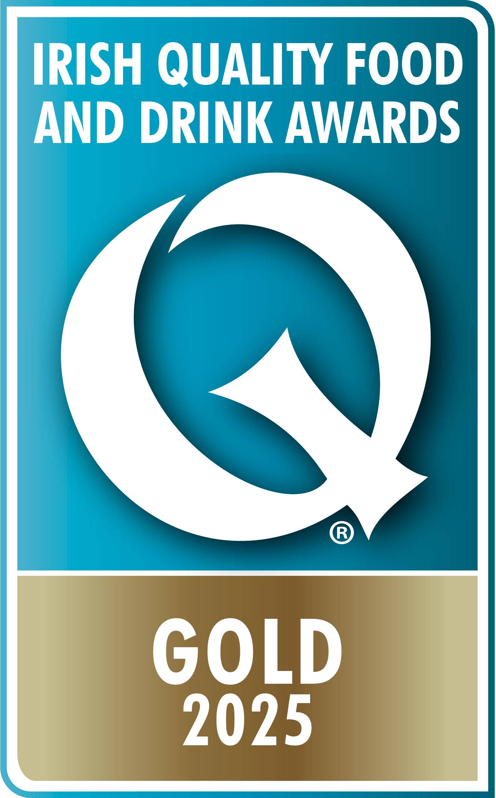 Irish Quality Food and Drink Awards Gold 2025 logo with a large white 'Q'.