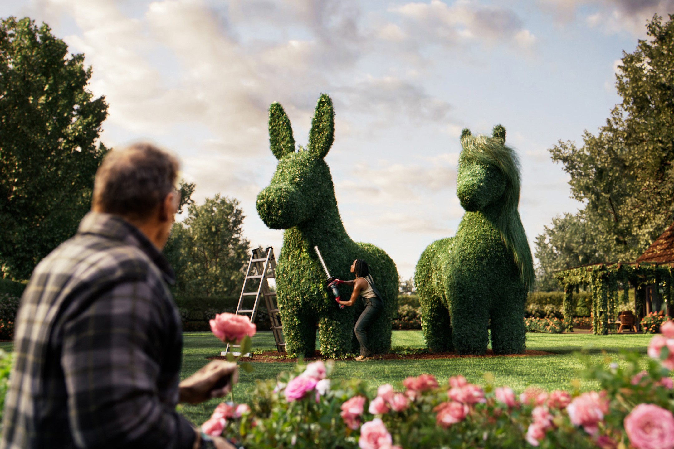 Man and woman trimming animal-shaped topiaries in a garden.