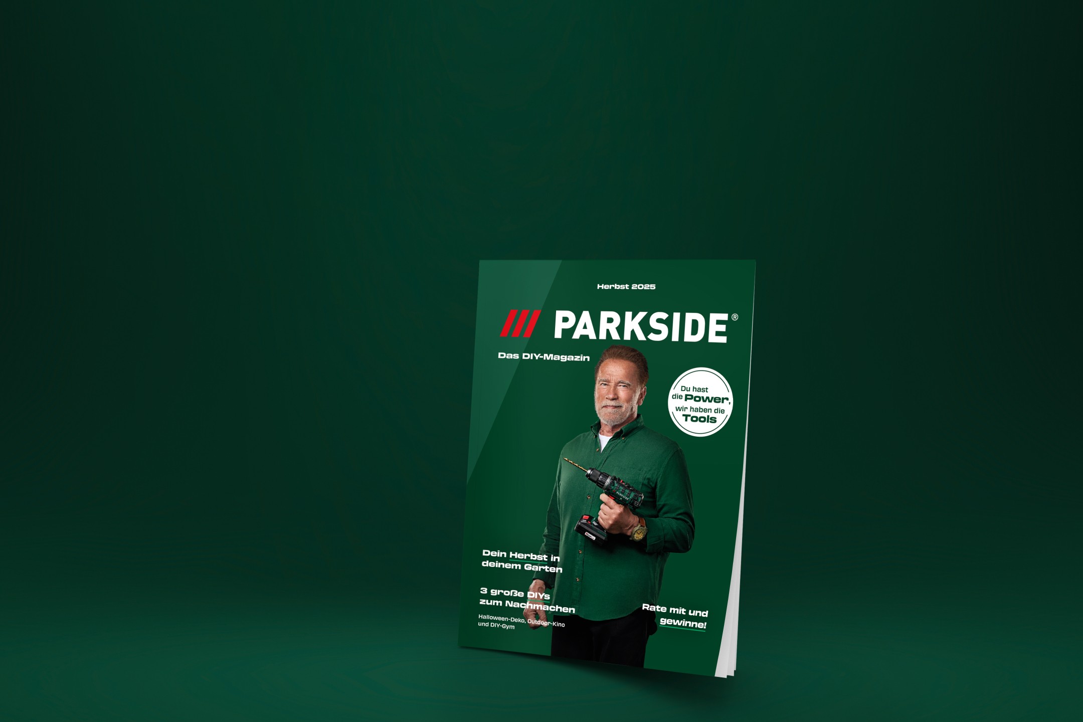 Parkside DIY magazine featuring Arnold Schwarzenegger holding a drill.