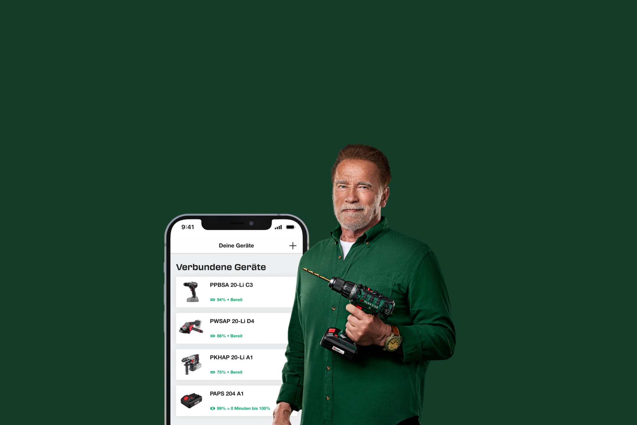 Arnold Schwarzenegger holding a Parkside drill, next to a phone displaying a list of connected tools.