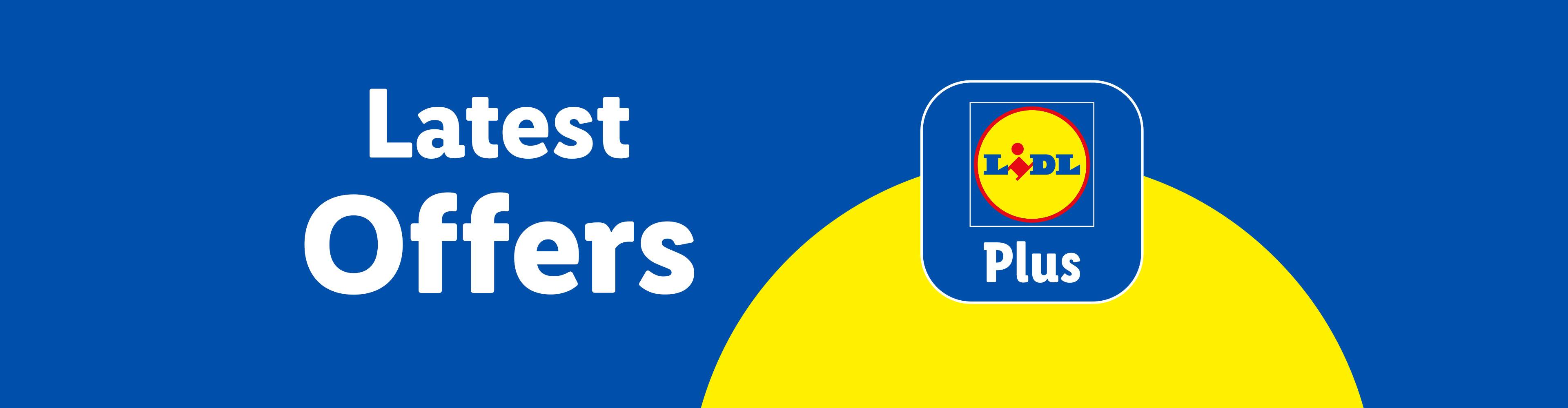 Lidl Plus app logo with text 'Latest Offers' on a blue and yellow background.