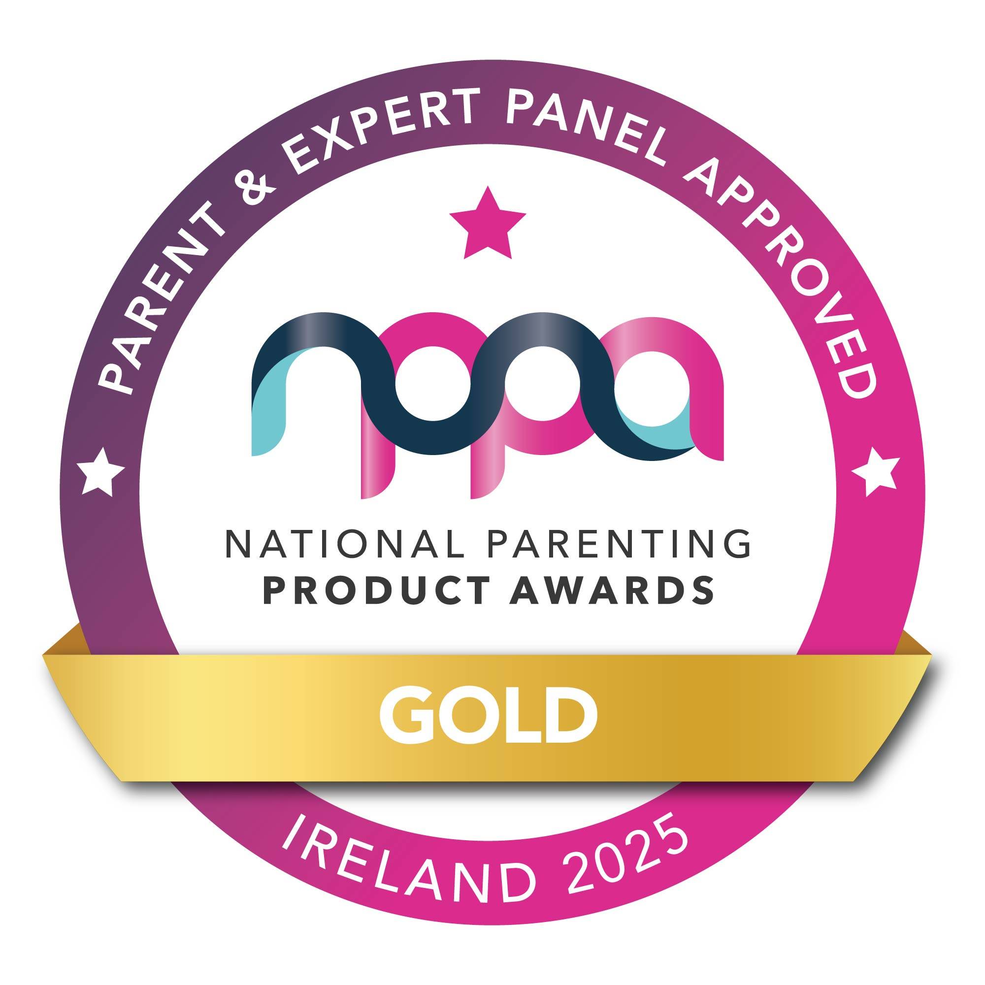 National Parenting Product Awards Gold Ireland 2025, Parent & Expert Panel Approved logo.