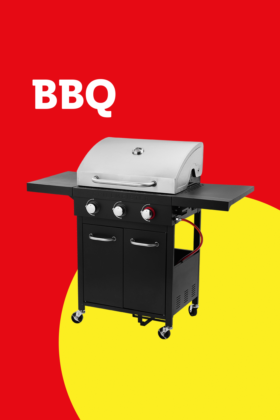 Gas BBQ grill with side tables and storage, on a red and yellow background with 'BBQ' text.