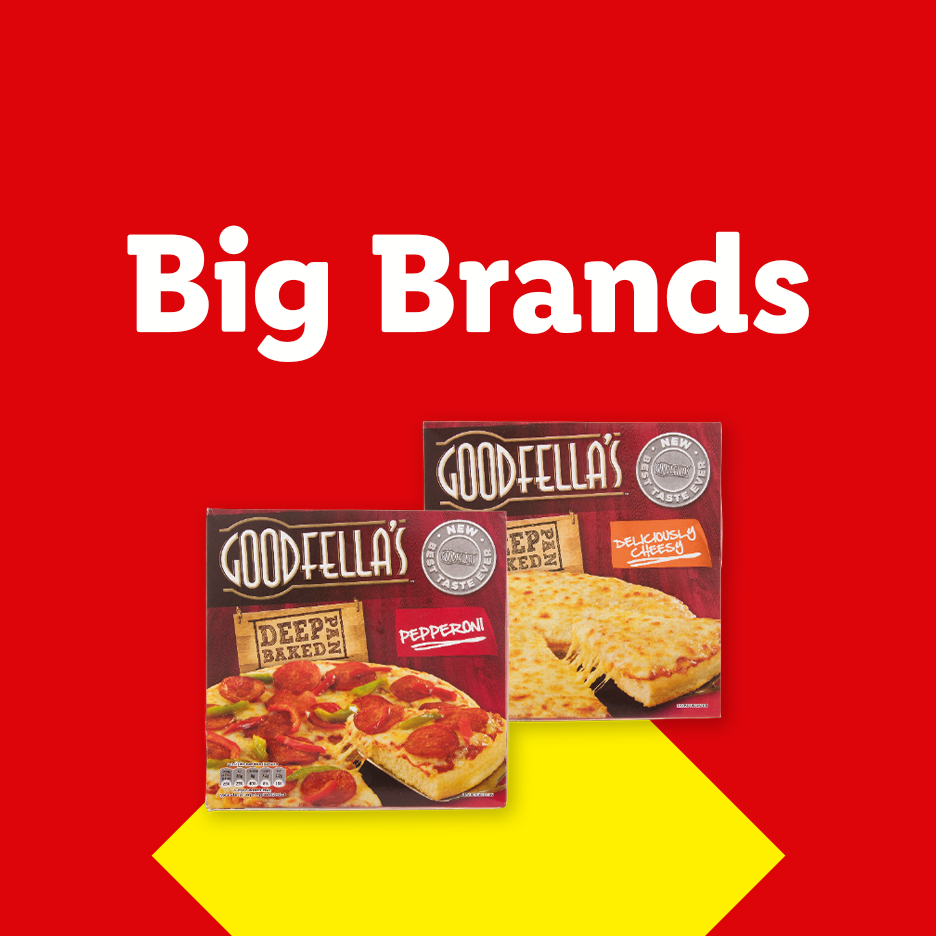 Two frozen pizzas, one pepperoni and one cheese, with the text 'Big Brands' above them.