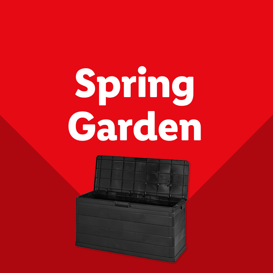 Black outdoor storage box with an open lid on a red background with 'Spring Garden' text.