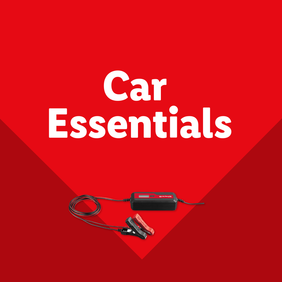 Car Essentials: a battery charger with jumper cables on a red background.