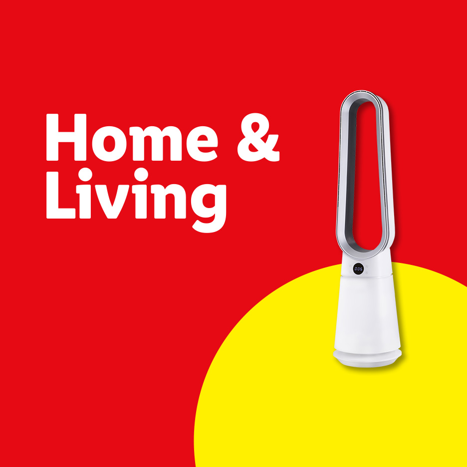 Home & Living: a white bladeless fan on a red and yellow background.
