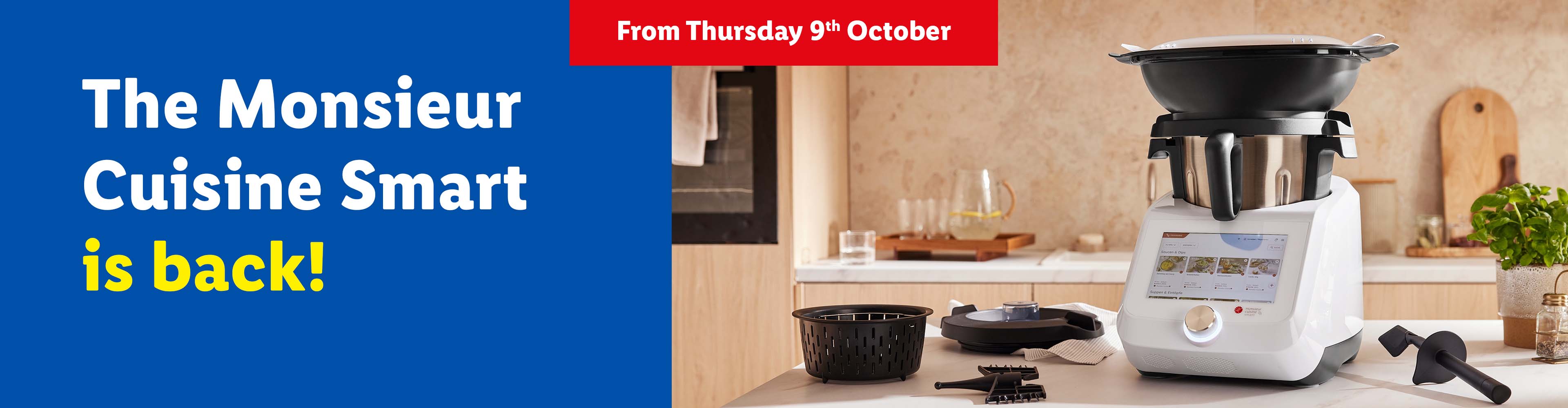 A Monsieur Cuisine Smart food processor on a kitchen counter, with text announcing its return.