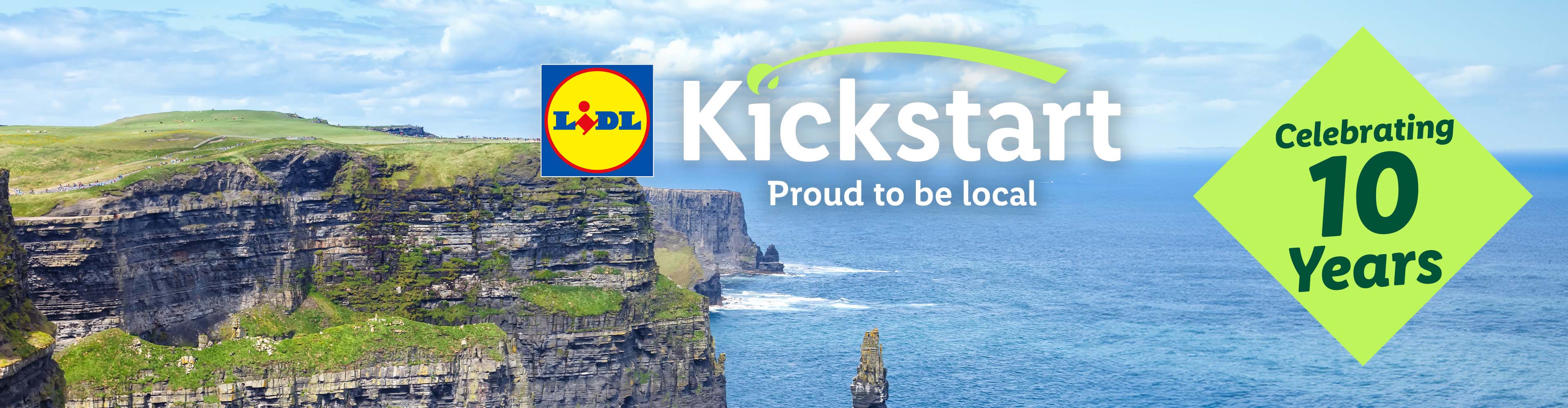 Lidl Kickstart logo over Cliffs of Moher, celebrating 10 years of supporting local businesses.
