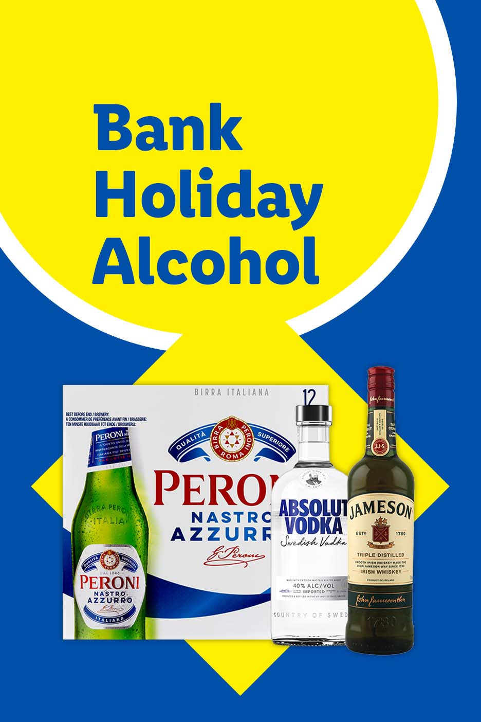 Bank Holiday Alcohol: A bottle of beer, a bottle of vodka, and a bottle of whiskey.