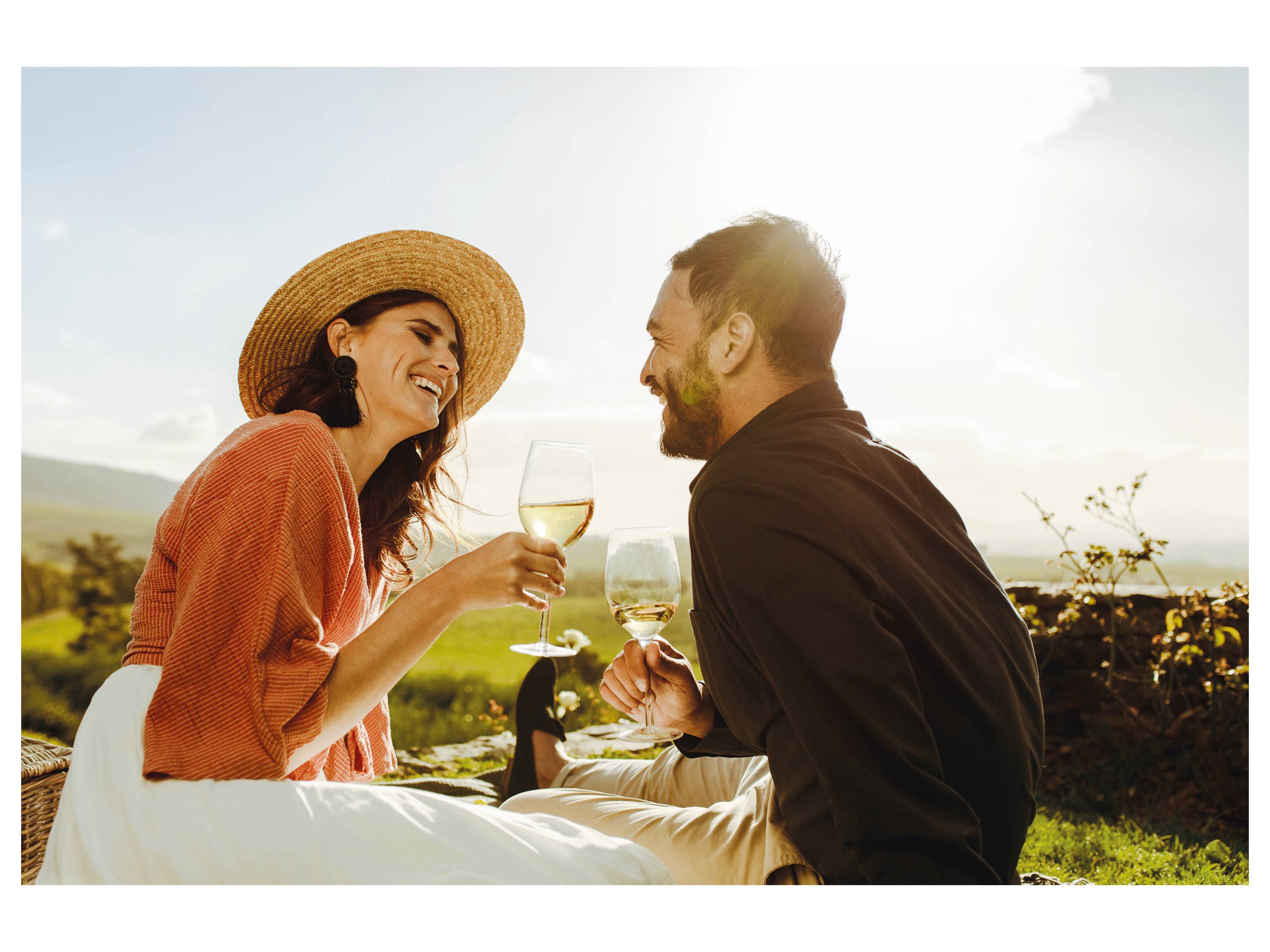 Couple enjoying wine at a picnic.