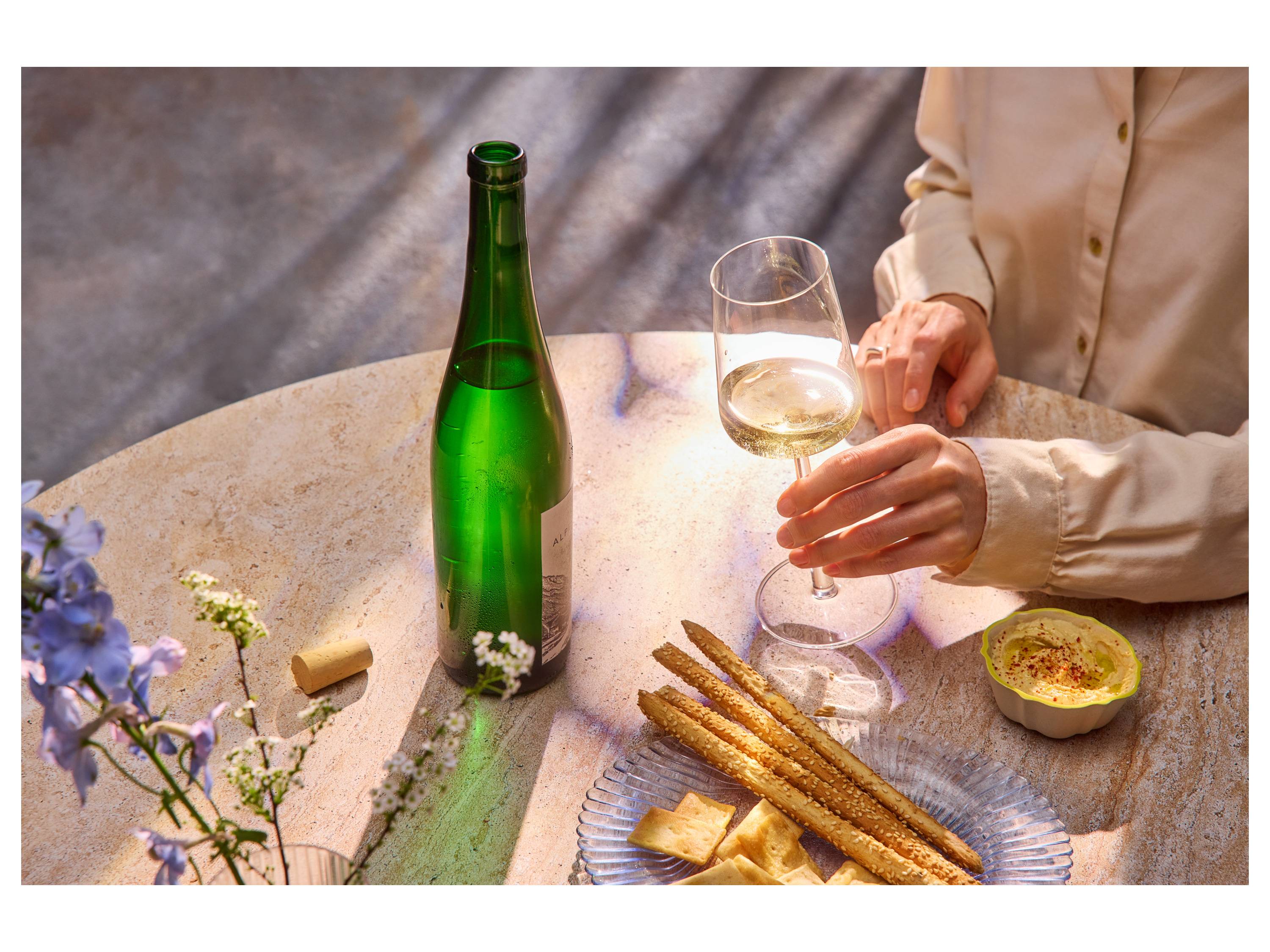 White wine, grissini, hummus.