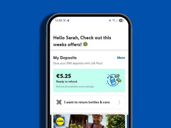 Lidl Plus app showing a deposit return scheme balance of €5.25 and offers for Sarah.