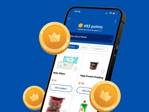 Lidl app showing 492 points, with offers for baby wipes and high protein pudding.