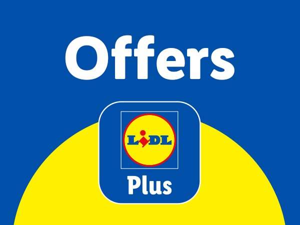Lidl Plus offers on a blue background with a yellow semi-circle.