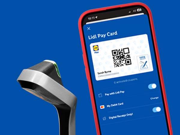 Lidl Pay Card on a smartphone screen next to a barcode scanner.