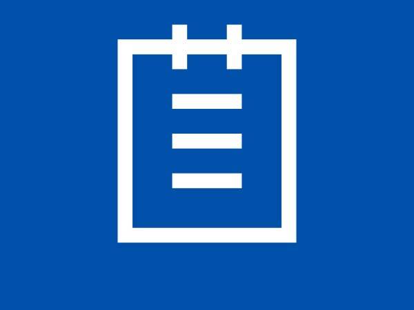 White outline icon of a clipboard with three horizontal lines, on a blue background.