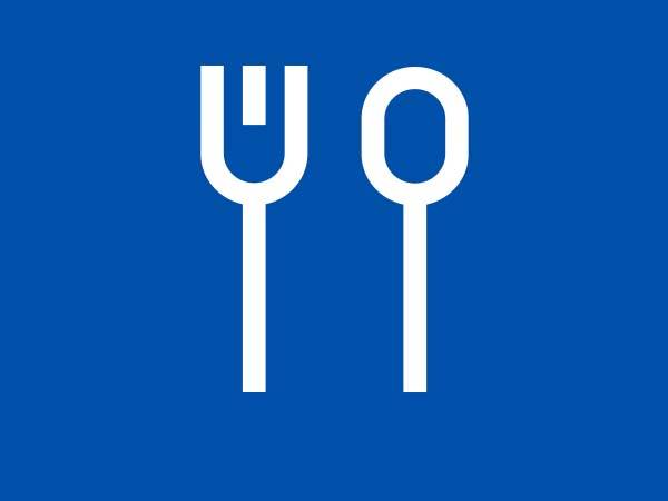 White fork and spoon icons on a blue background, symbolizing a restaurant or dining area.