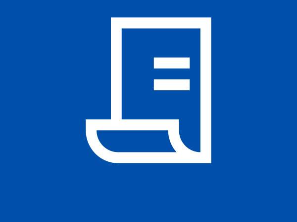 White document icon with two lines of text and a curled page corner on a blue background.