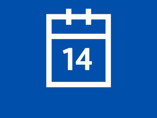 Calendar icon with the number 14 displayed on a blue background.