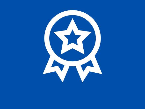 White star in a circle with ribbon tails on a blue background, symbolizing quality or award.