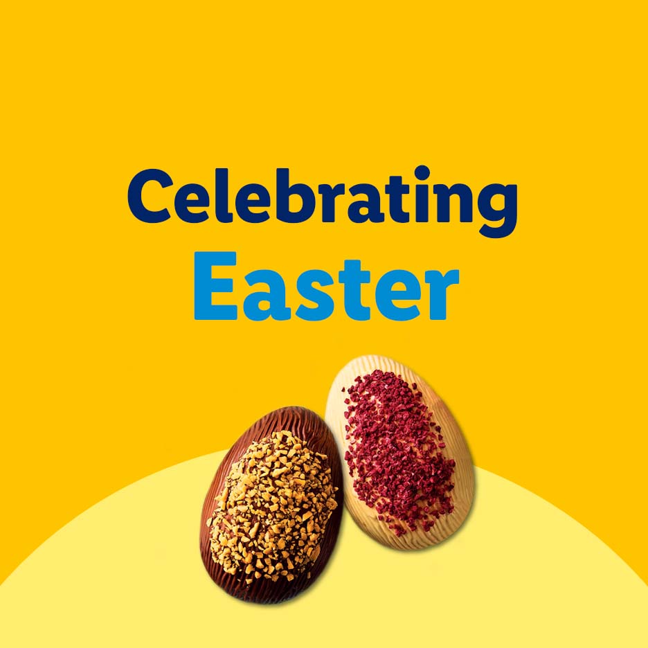 Two chocolate Easter eggs, one dark with nuts, one white with berries, on a yellow background with 'Celebrating Easter' text.