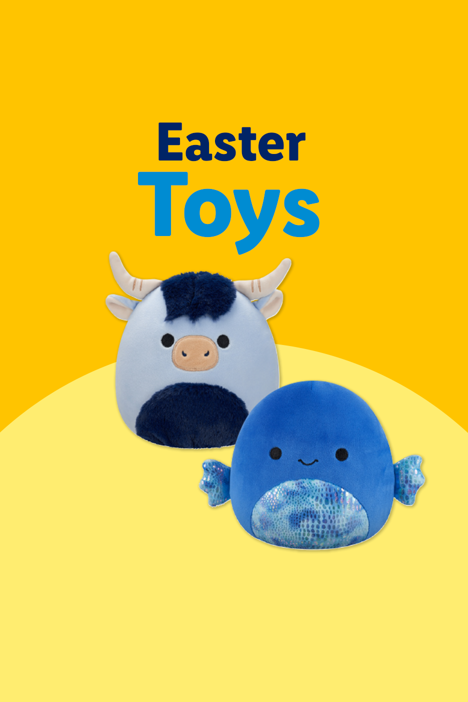 Easter Toys: A blue bull plush and a blue whale plush on a yellow background.