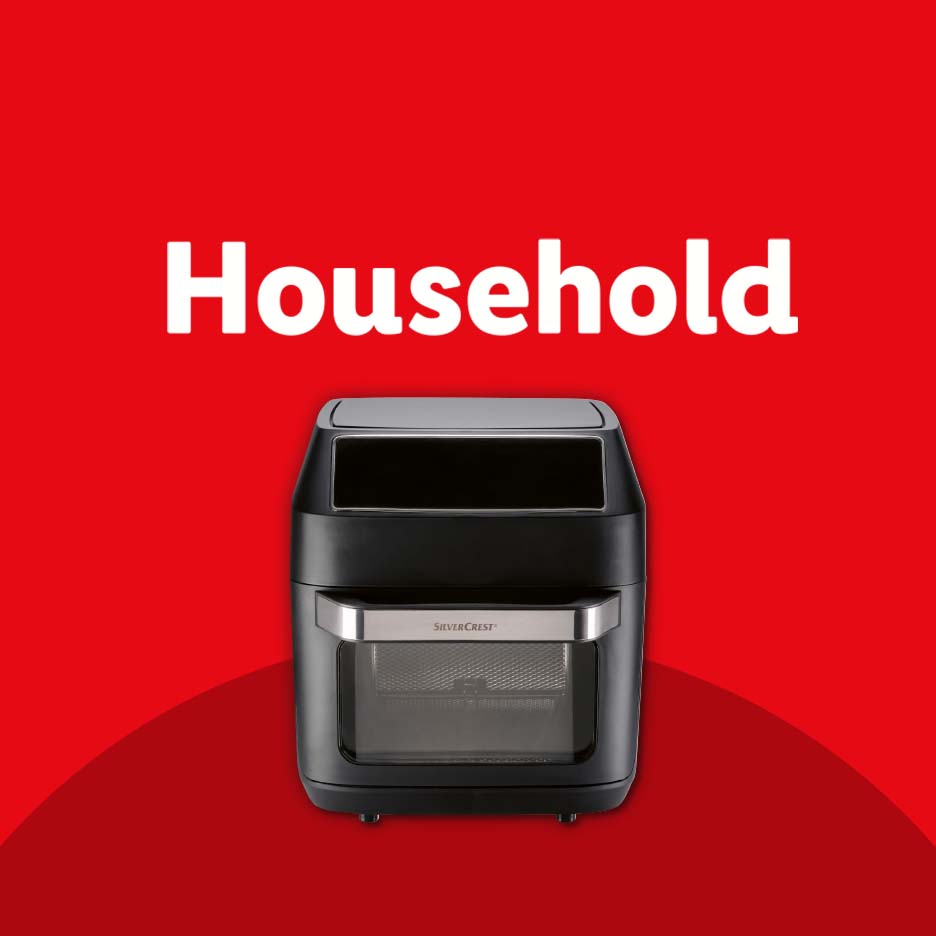 Black air fryer oven with a transparent door, on a red background with the word 'Household'.